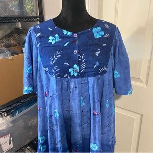 The Vermont Country Store Dress House Coat Medium Floral Midi Button Front Blue